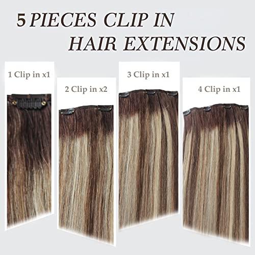 OiMiGO Human Hair Extensions Clip in, 5pcs 70g Chocolate Brown to Strawberry Blonde, OiMiGO Ombre Clip ins Hair Extensions Real Human Hair Straight Natural Hair Extensions with 12 Clips (#4T4P27,22Inch)