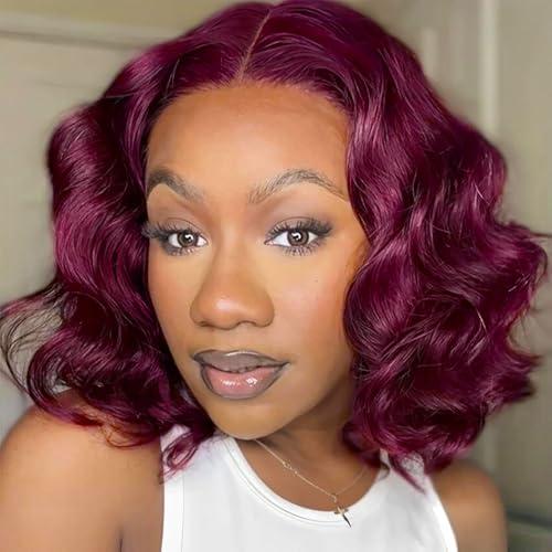 Tinashe Tinashe 99J Burgundy Bob Wig Human Hair 56 Frontal Lace Wig Human Hair Glueless Pre Plucked with Baby Hair Loose Body Bob Wigs for Black Women 180% Density Pre Cut Lace Pre Bleached Knots-12 inch