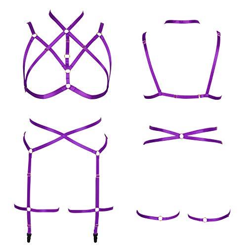 PUKHSS Women Body Harness Strappy High Elasticity Full Body Set with Cup Set for Valentine's Day Present (Purple)