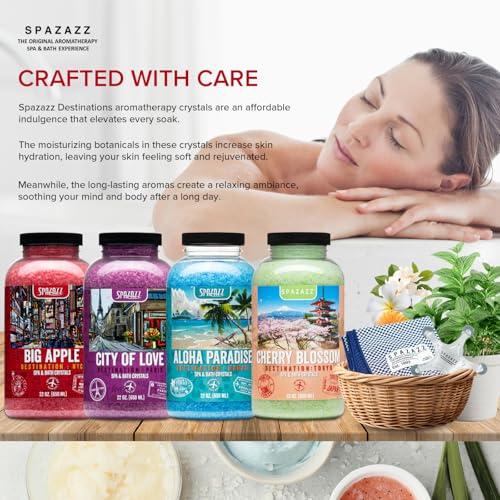 SPAZAZZ Hot Tub & Spa Aromatherapy Bath Salt Crystal Scents Spazazz Destinations Collection Bundle Aloha Paradise, Big Apple, City of Love, Cherry Blossom - Skin Moisturizer - Will Not Damage Spas & Hot Tubs
