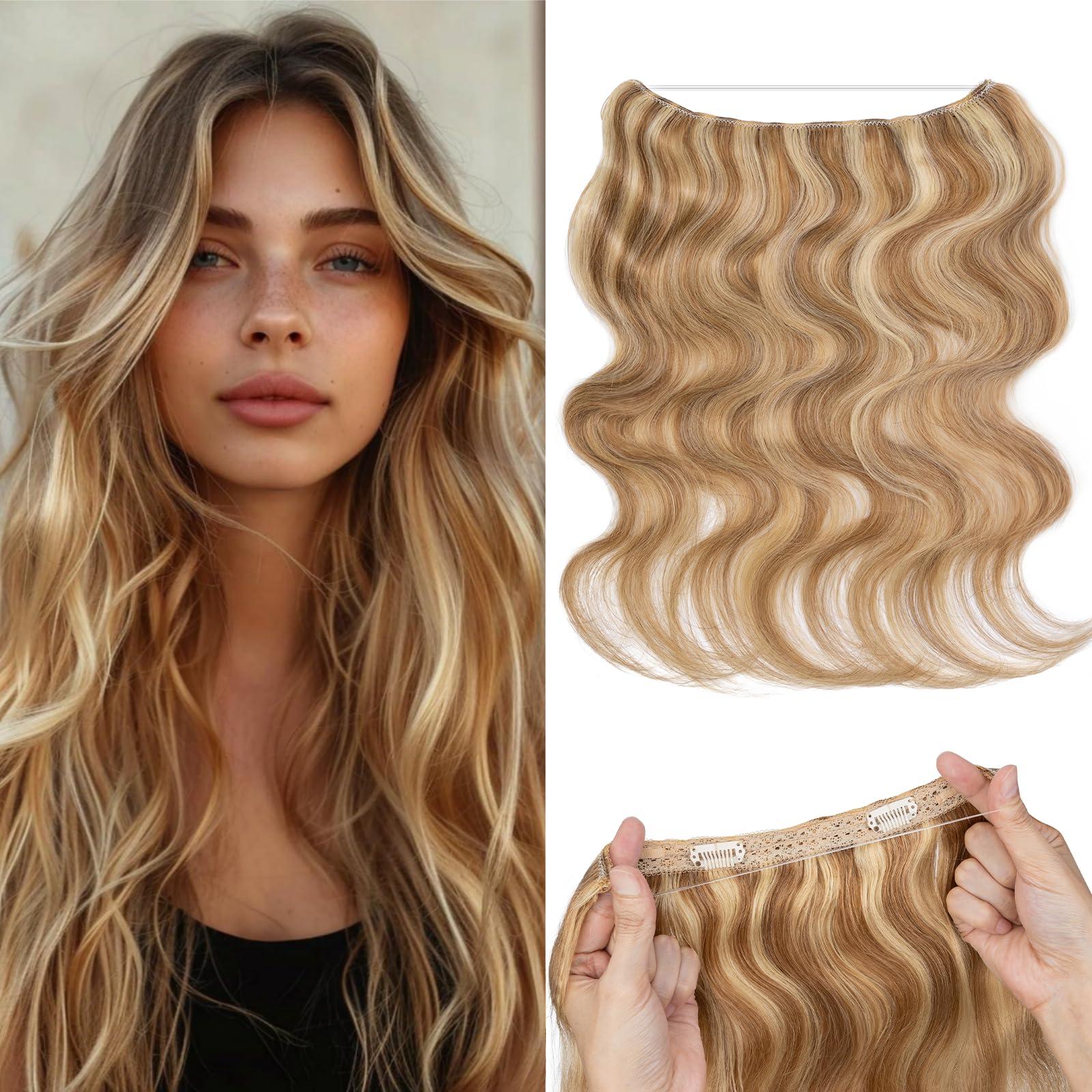 Rich Choices Rich Choices Halo Hair Extensions Real Human Hair Wave Wire In Hair Extensions Human Hair Clip in Human Remy Hair Halo Hair Extension Hair Piece 20 Inch #12P613 Golden Brown Mixed Bleach Blonde