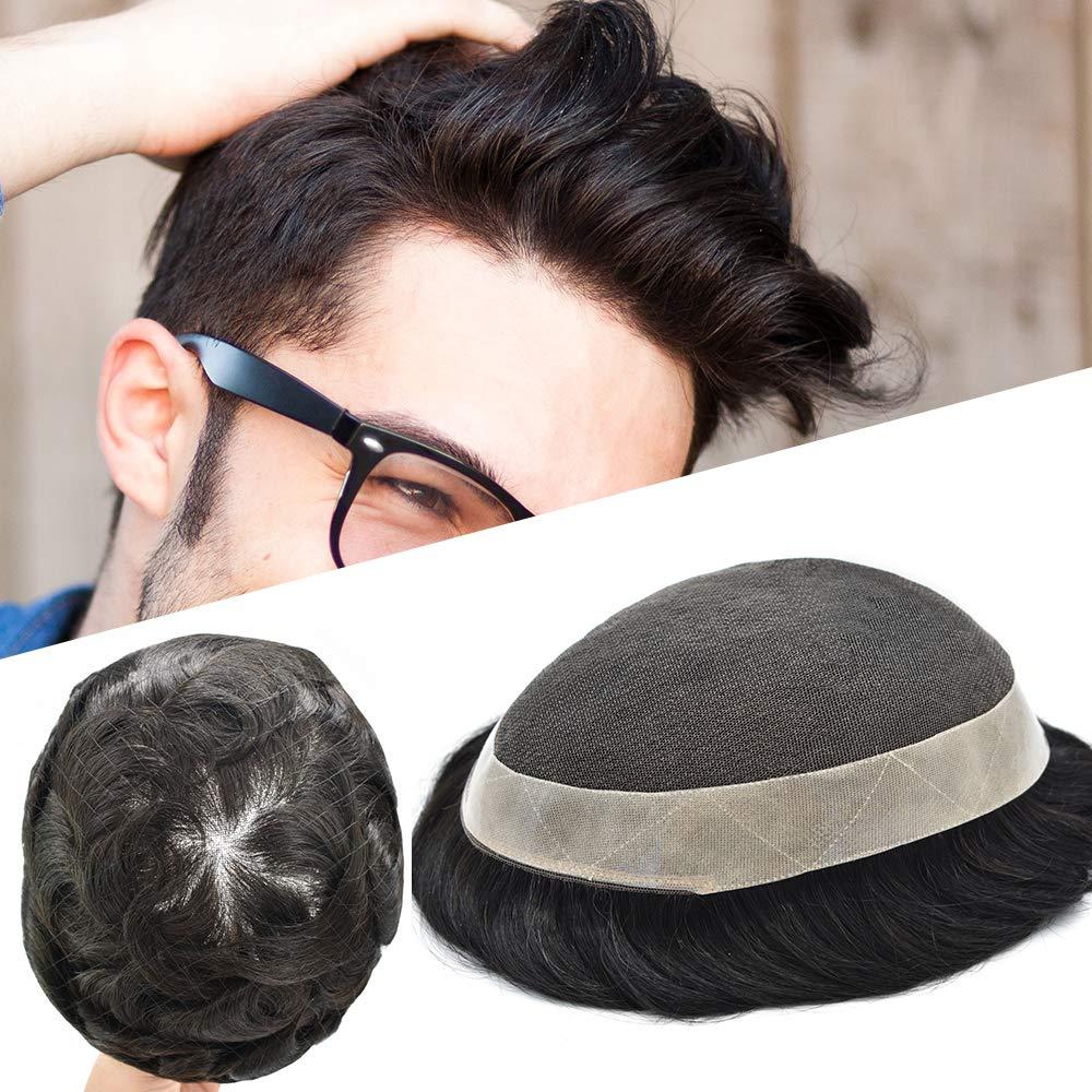F M FACE MIRACLE NEW YORK Mens Toupee Human Hair Piece French Lace Poly Skin Around Hair System Durable NPU Transparent Lace Wig Hair Units for Men FACE MIRACLE (6"*9", 1B60# 1B# Off Black+60% Synthetic Grey-120% Medium Light to Medium Density)