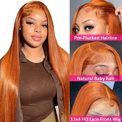 Hermosa Hermosa 13x4 Ginger Orange Straight Lace Front Wigs Human Hair Pre Plucked 180 Density Glueless HD Transparent Lace Frontal Human Hair Wigs for Women 28 inch