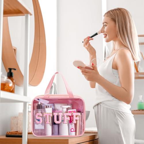 Glitzcharm Glitzcharm Clear Makeup Bag Transparent Cosmetic Bag Organizer for Women Waterproof Travel Toiletry Bag Portable Make up Bag with Chenille Letter, Large, Pink