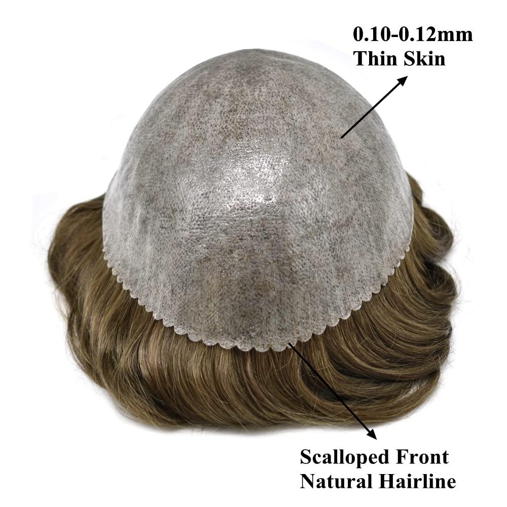JUST HAIR Toupee for Men Hair Piece Human Hair Replacement System 0.10mm Injected Full Poly Skin Mens Hairpieces6x8\"-120% Density #6 Light Brown