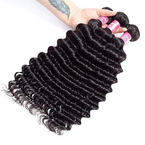 FQ Deep Wave Bundles with Closure Brazilian 10A Human Hair Bundles(26 28 30+20 Closure)Deep Weave Curly Human Hair 3 Bundles with 4x4 Lace Closure 100% Unprocessed Virgin Human Hair Bundles Natural Color