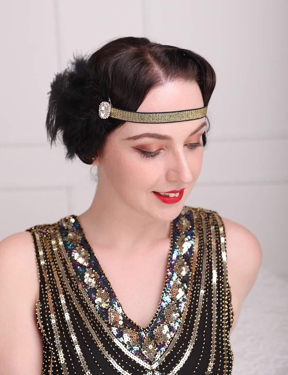 Aimimier Aimimier 1920s Flapper Feather Headband Black with Elastic Hair Band Costume Roaring 20s Feather Headpiece Hair Accessories for Women