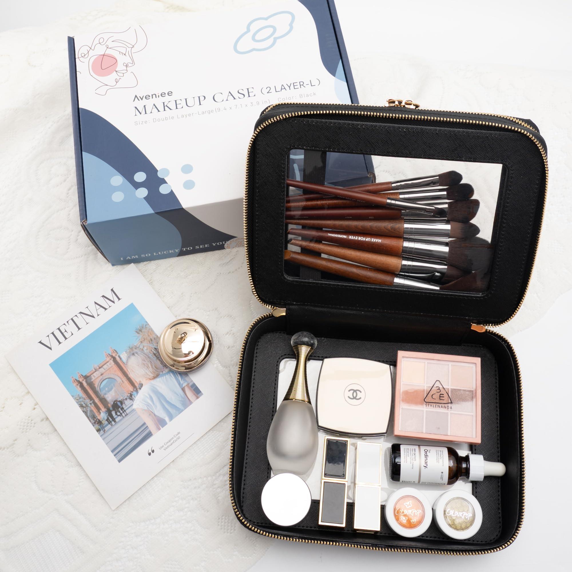 Aveniee Aveniee Clear Makeup Bags, Double Layer Cosmetic Bags with a Separate Brush Compartment, Travel Toiletry Bag Train Case for Women, Travel Accessories Organizer for Purse(2 Layers Large, Black)