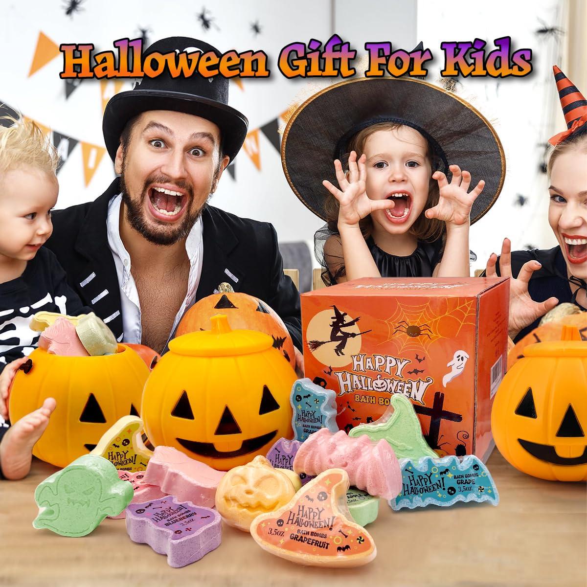 NJSTARC 15 Count Halloween Bath Bombs with Pumpkin Bucket, Halloween Spooky Bath Bombs for Kids, Adorable Hallowen Trick o Treat Party Favors for Kids