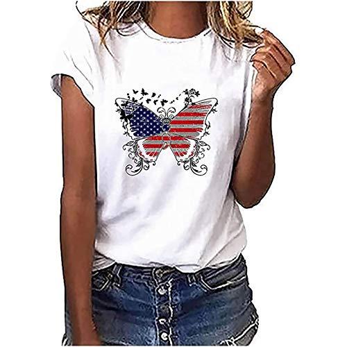 niaanieaie Women's Tops for Independence Day Floral Tops V/O Neck Printed Basic Loose Casual(White,XL)