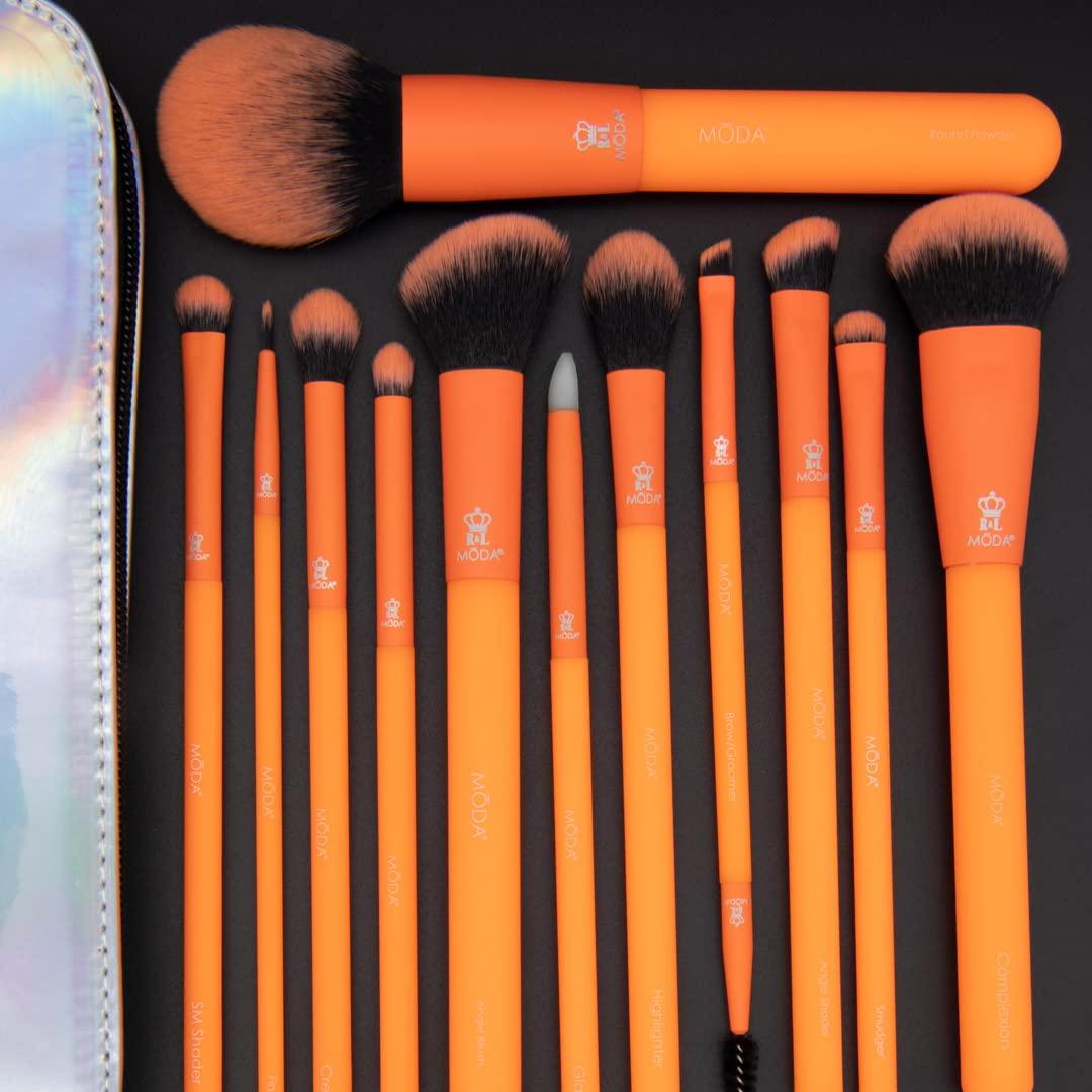MODA MODA Totally Electric 13pc Full Face Makeup Brush Set, Includes - Powder, Complexion, Blush, Shader, Smudger & Crease Brushes with Zip Case (Neon Orange)