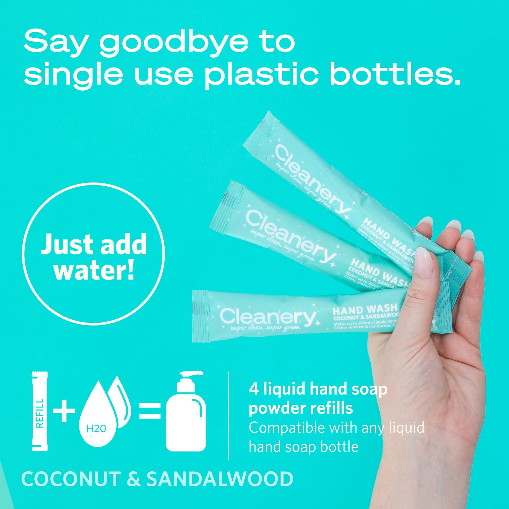 Cleanery Hydrating Liquid Hand Soap Refill Powder Concentrate 4 Pack Moisturizing Hand Wash, No Harsh Chemicals, Cruelty Free, Eco-Friendly, Makes 10oz Each, Coconut & Sandalwood Scent