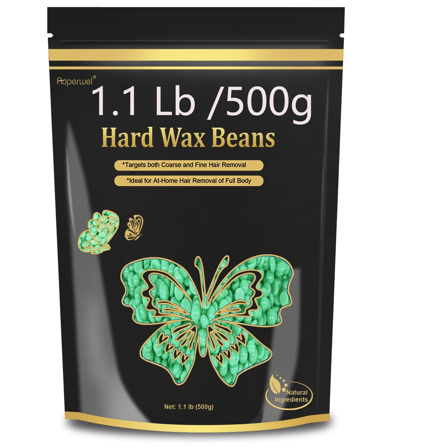 Auperwel Hard Wax Beads for Hair Removal - 1.1lb/17.05oz Waxing Beads for Coarse Hair, Sensitive Skin, Brazilian Bikini,Underarms,Face,Body - Wax Beans Bulk with 20 Wax Sticks At Home Wax Kit(Olive Green)