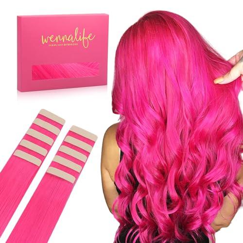 Wennalife WENNALIFE Tape in Hair Extensions Human Hair Hot Pink Tape in Extensions, 10pcs 25g 16 inch Remy Invisible Tape Ins Straight Colored Soft Real Human Hair Tape in Extensions Refill Set Extensions
