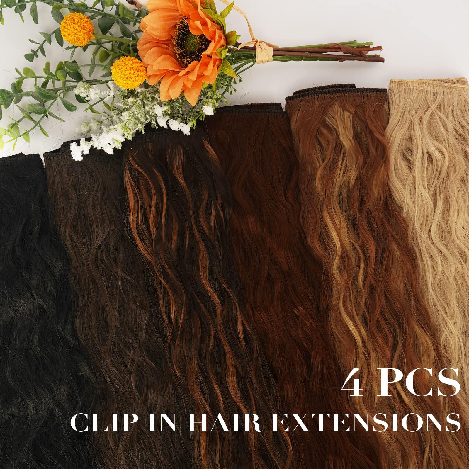 FESHFEN FESHFEN Clip in Hair Extensions 4 PCS Long Wavy Curly Thick Full Head Clip in Hairpieces Synthetic Natural Clip Hair Extension for Women, Dark Ash Blonde Mixed Bleach Blonde 20 inch