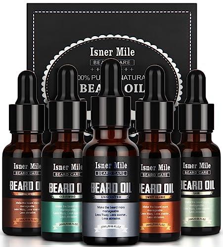 ISNER MILE ISNER MILE 5 Pack Beard Oil Set Leave in Conditioner, Cedarwood Sandalwood Sage Sweet Orange, Mustaches Soften Moisturizing, Valentines Day Gifts for Him Husband, Gifts for Men Dad Father Boyfriend
