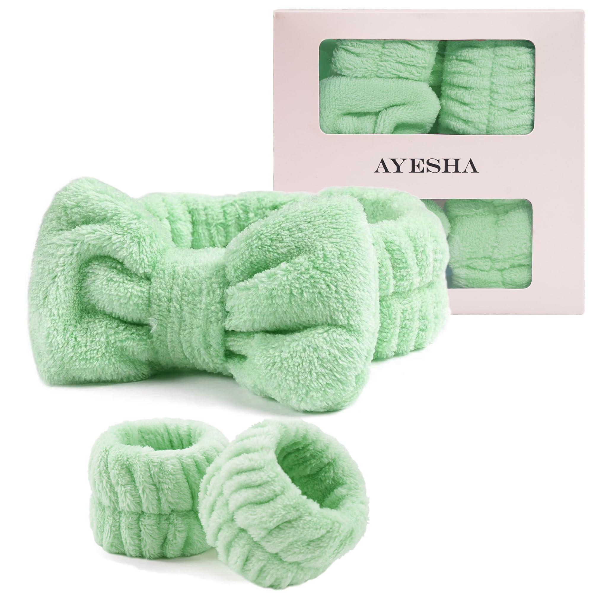 Ayesha Ayesha Green Spa Headband and Wristband Set for Skincare Makeup Headband Wrist Cuffs for Washing Face Bubble Skincare Hairband for Women Girls