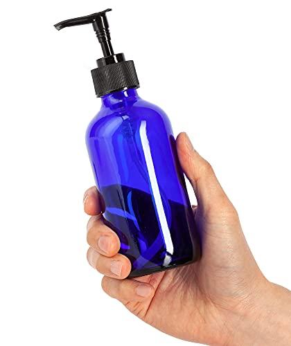 JUVITUS JUVITUS 8 oz Cobalt Blue Boston Round Glass Bottles with Black Lotion Pump (4 pack) + Travel Foamer Bottle