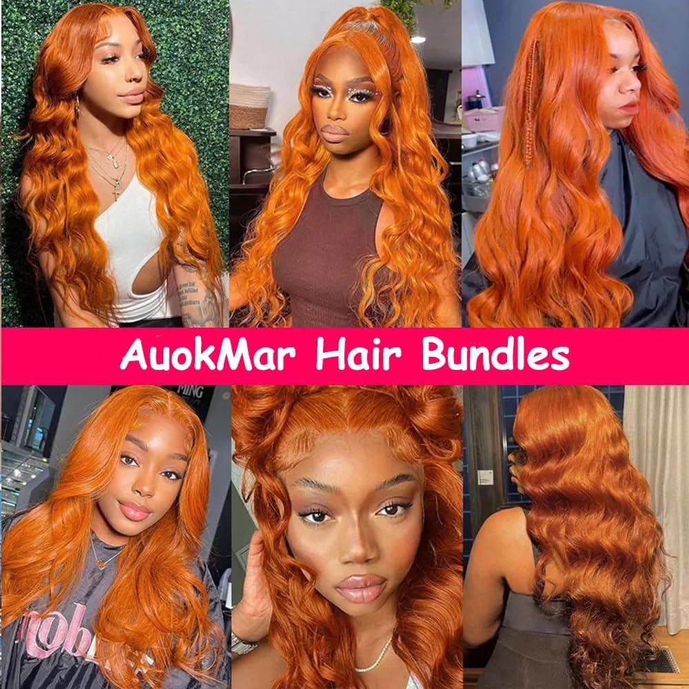 AuokMar Color #350 Ginger Human Hair Bundles Orange Body Wave Bundles Human Hair 22 24 26 Inch Brazilian Virgin Hair Weave Burnt Orange Ginger Bundles Human Hair Extensions