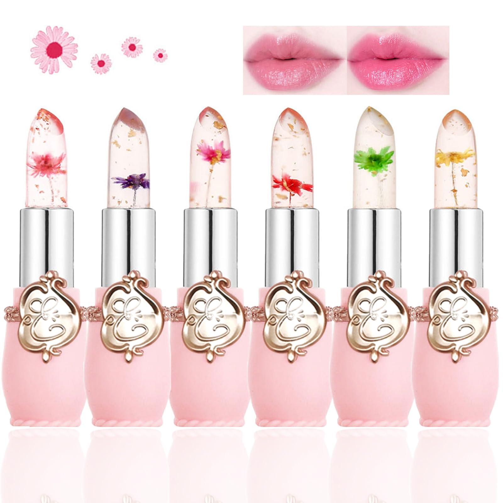 Btspring Btspring Clear Flower Jelly Lipstick, 6 Packs Nutritious Moisturizer Lip Balm Temperature Color Change Lipstick Matte Long Lasting Lip Gloss (Pink)