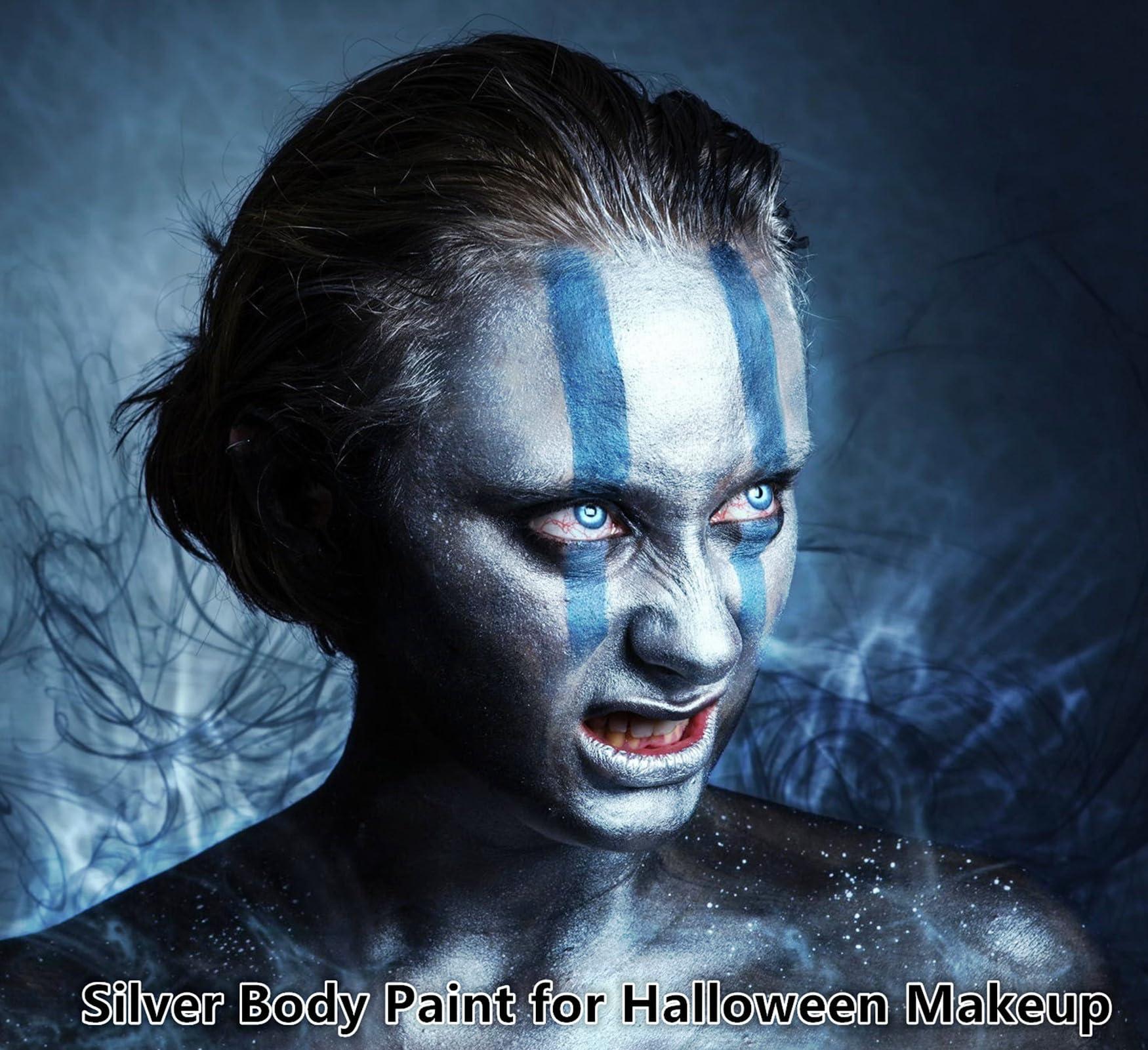 Go Ho Go Ho Metallic Silver Body Paint Washable(2.37 oz),Water Based Cream Silver Face Body Paint,Full Professional Silver Face Paint for Halloween Costumes Festivals Cosplay SFX Makeup