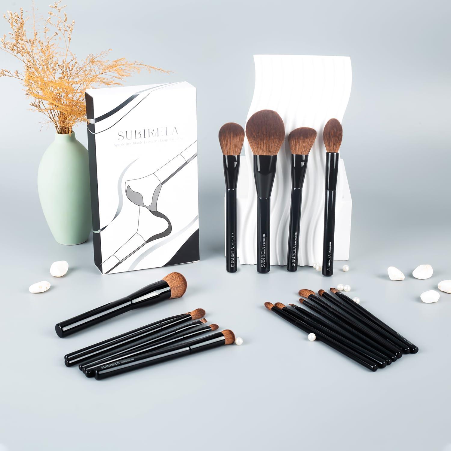 SUBIRELA Makeup Brush Set Professional, SUBIRELA 17Pcs Labeled Makeup Brushes with Powder Foundation Contour Blush Highlight Concealer Eyeshadow Eyebrow Brush, Make Up Brushes Kit, Black