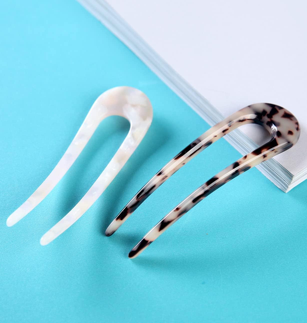 Fsmiling French Hair Pins Tortoise Shell French Hair Forks U Shaped French Pins 2 Prong Hair Sticks Acetate Chignon Pin for Women Hairstyle Accessories 2 Pack