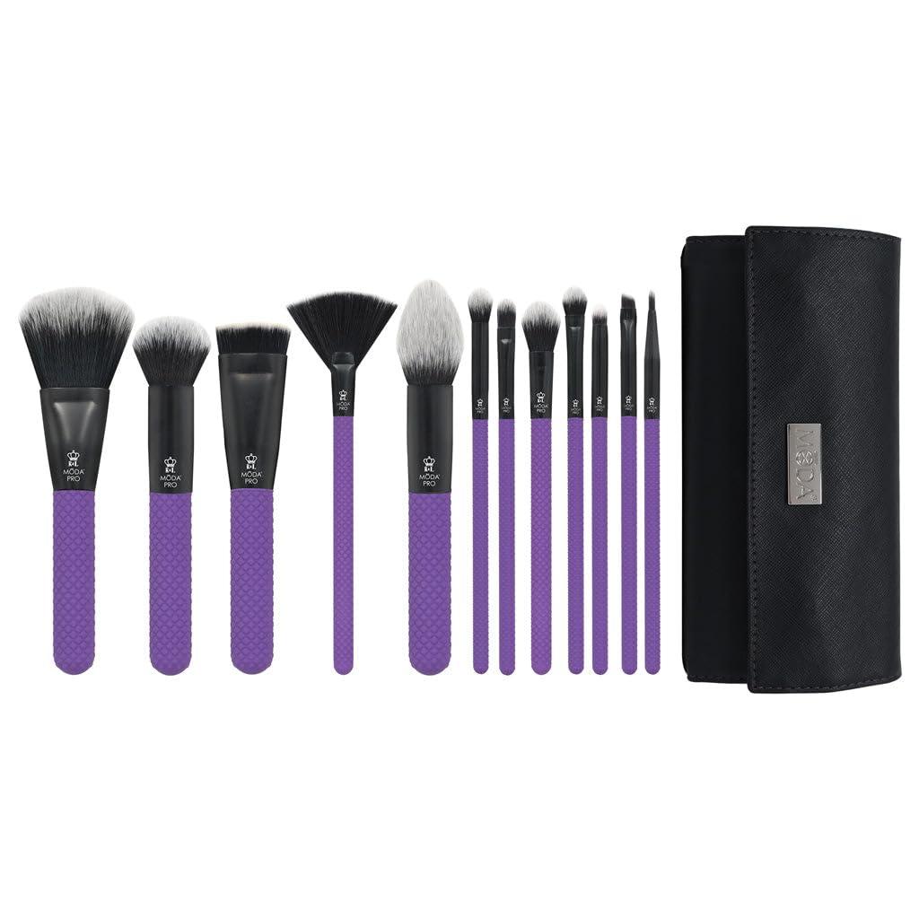 MODA MODA Pro Full Face 13PC Makeup Brush Set with Travel Pouch (Purple)