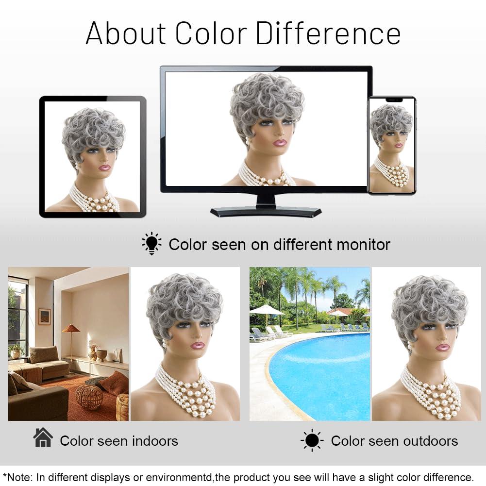 MOONSHOW MOONSHOW Grey Pixie Cut Wig Short Grey Wigs for Black Women Pixie Cut Wig Short Pixie Gray Wigs for Blcak Women Synthetic Pixie Wig Natural Wavy Short Curly Gray Pixie Cut Wigs for Old Women(Grey)