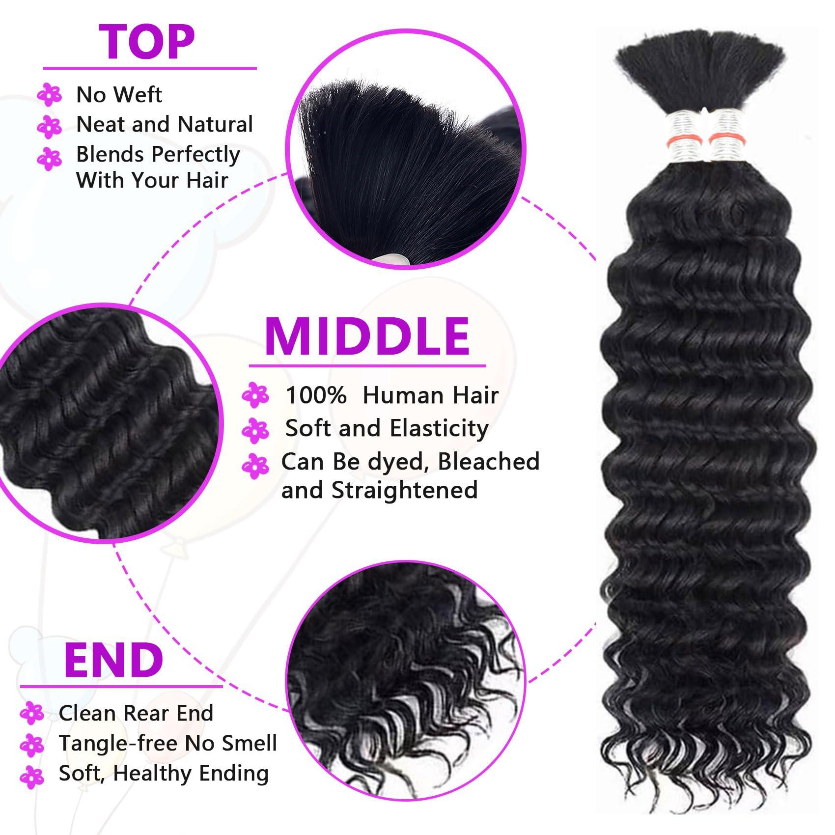 Forevermore Human Braiding Hair Deep Wave Bulk Human Hair For Braiding No Weft Wet And Wavy Human Hair Braiding Hair Extensions For Boho Braids 2 Bundles Per Pack 100g (22inch, Natural Black)