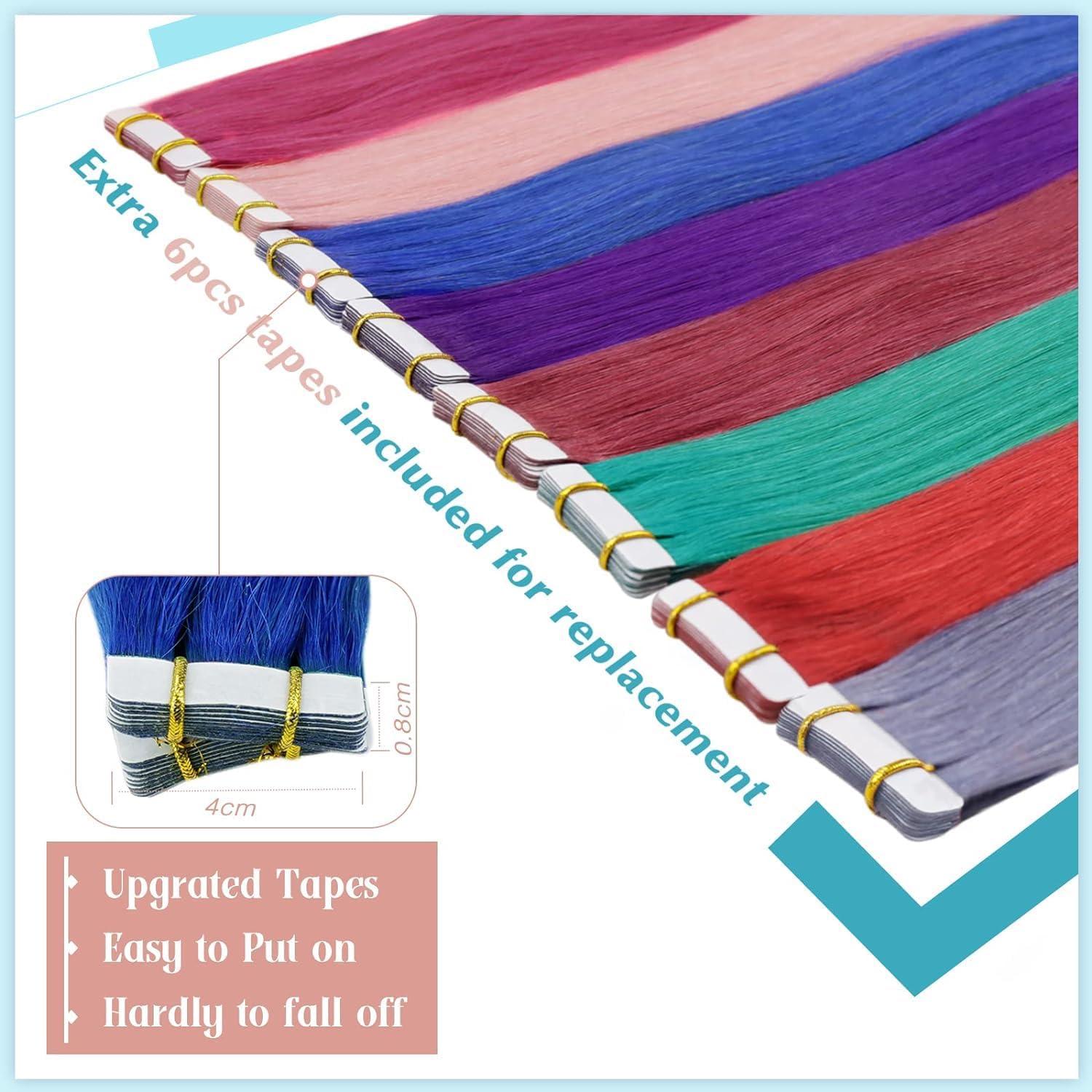 RUNATURE RUNATURE Bundles 18 Inch Purple Hair Extensions Real Human Hair Clip ins 25g 5pcs and Blue Tape in Hair Extensions 25g 10pcs