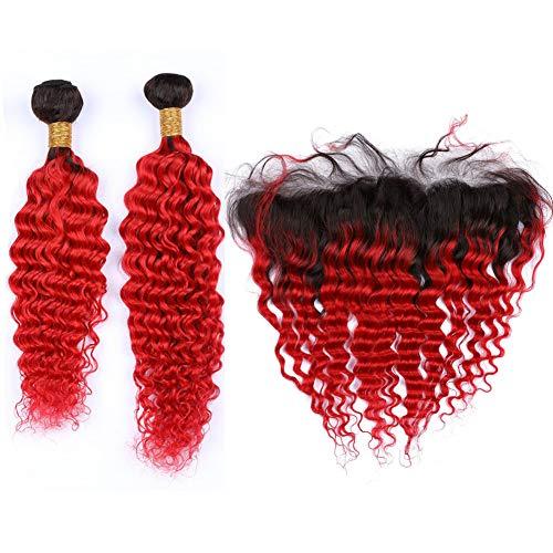 Tony beauty hair Tony Beauty Hair Ombre Red Deep Wave 2 Bundles Peruvian Virgin Hair Black Roots and Frontal Closure 13x4#1B/Red Ombre Deep Wavy Human Hair Weave Wefts with Ear to Ear Lace Frontal (24 26+24)