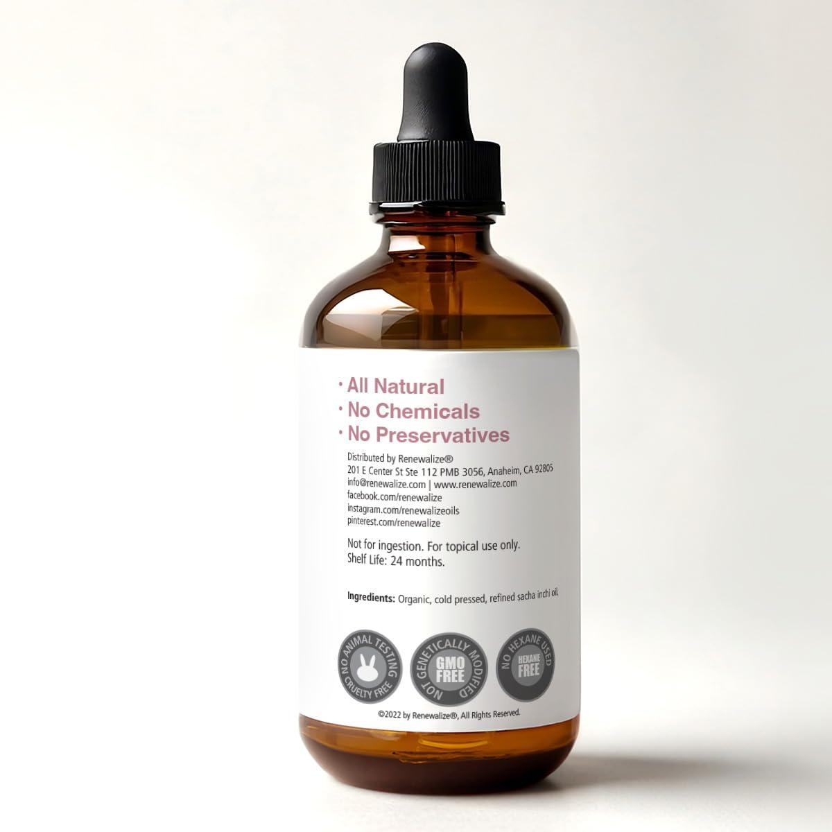 Renewalize Organic SACHA INCHI SEED OIL | 100% Pure All Natural Cold Pressed | Large 4 oz Glass Bottle | Locks in Moisture For Face Body and Hair