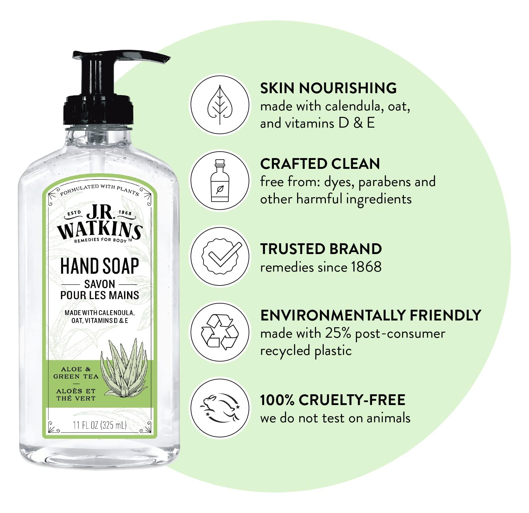 J.R. Watkins J.R. Watkins Gel Hand Soap, Scented Liquid Hand Wash for Bathroom or?Kitchen, USA Made and Cruelty Free, 11 fl oz, Aloe & Green Tea, 6 Pack