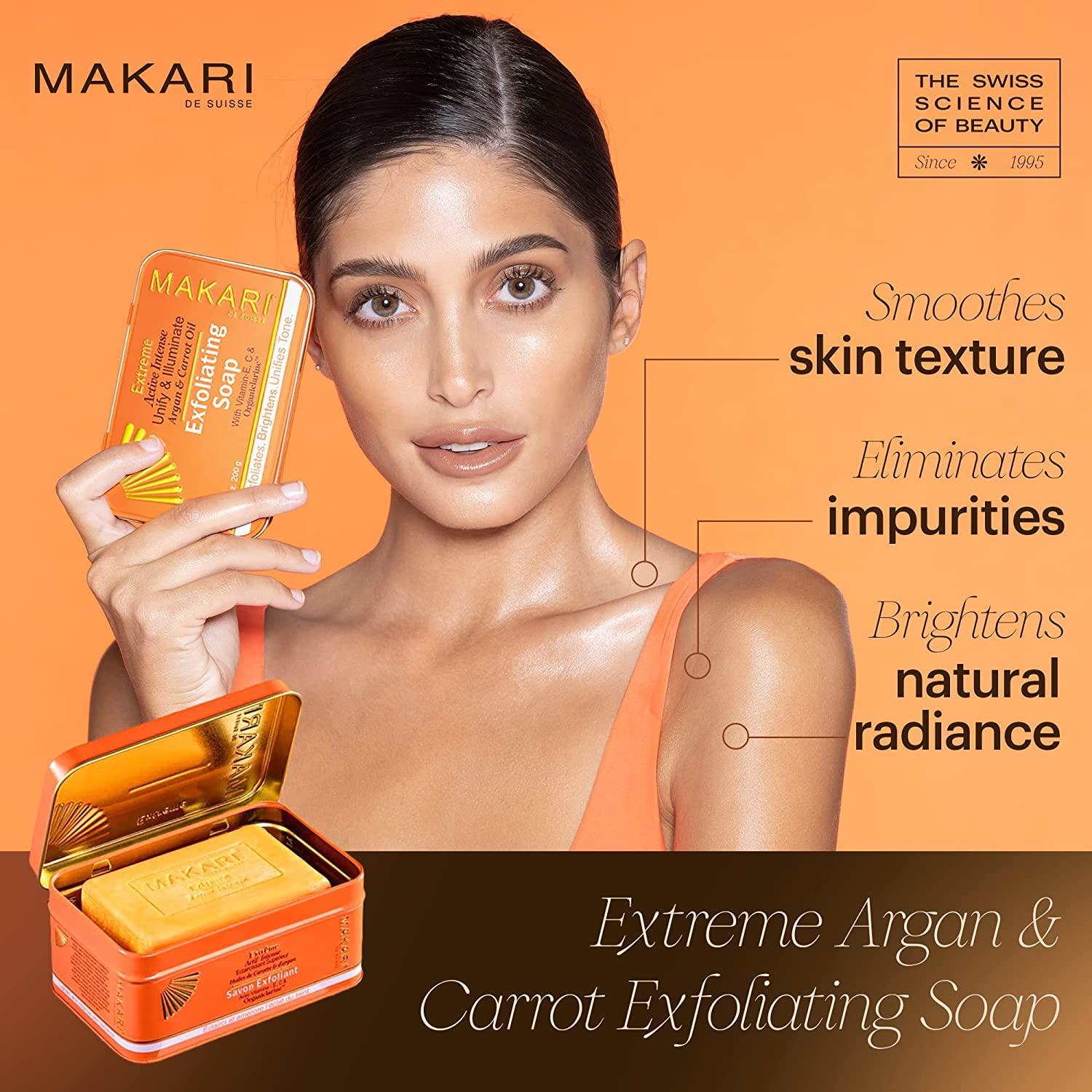 MAKARI MAKARI Extreme Active Intense Skincare Trio | Argan & Carrot Oil Exfoliating Soap, Botanical Body Oil, and Tone-Boosting Body Glycerin | Brightens, Hydrates, and Fades Marks for All Skin Types Except