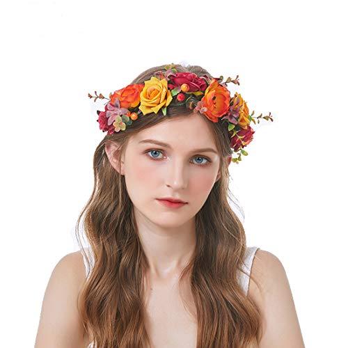 June Bloomy June Bloomy Women Rose Flower Crown Eucalyptus Leave Headband Baby Shower Floral Headpiece Greenery Garland Hair Wreath Photo Shoot (Orange Burgundy Yellow)
