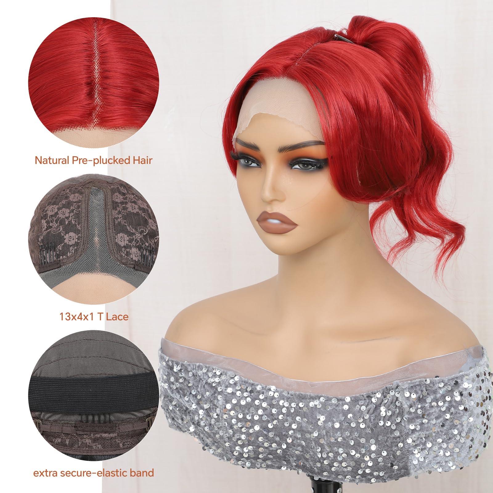 Drehande Drehande Red Lace Front Wig Synthetic Lace Front Wig Body Wave Heat Resistant Hair 13x4x1 T-part Lace 26 Inch Pre-plucked Glueless Lace Wigs for Women (Red, 26Inch)