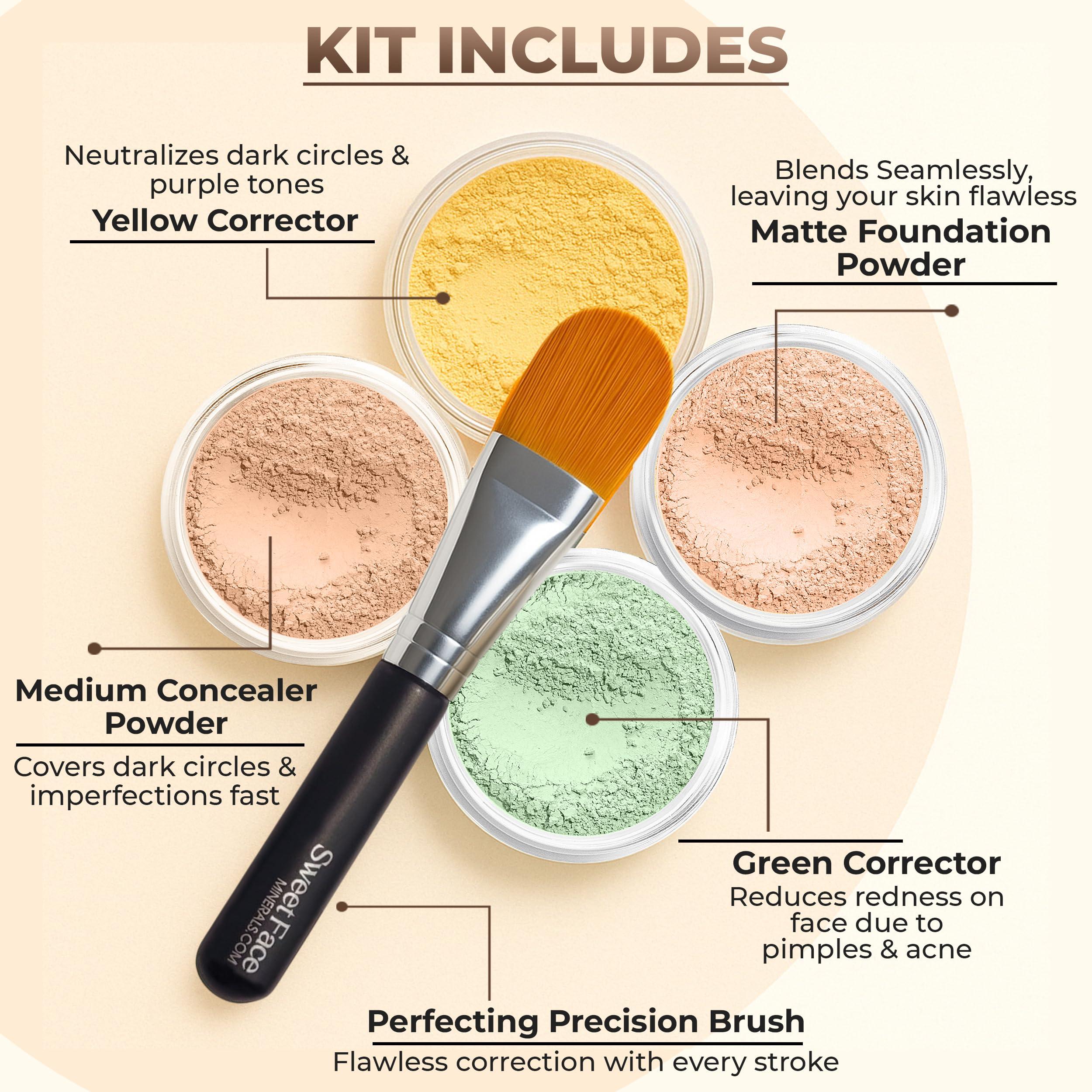Sweet Face Minerals CONCEALER & CORRECTOR KIT with BRUSH Mineral Makeup Set Bare Skin Matte Powder (20 gram Sifter Jars, Medium Concealer)