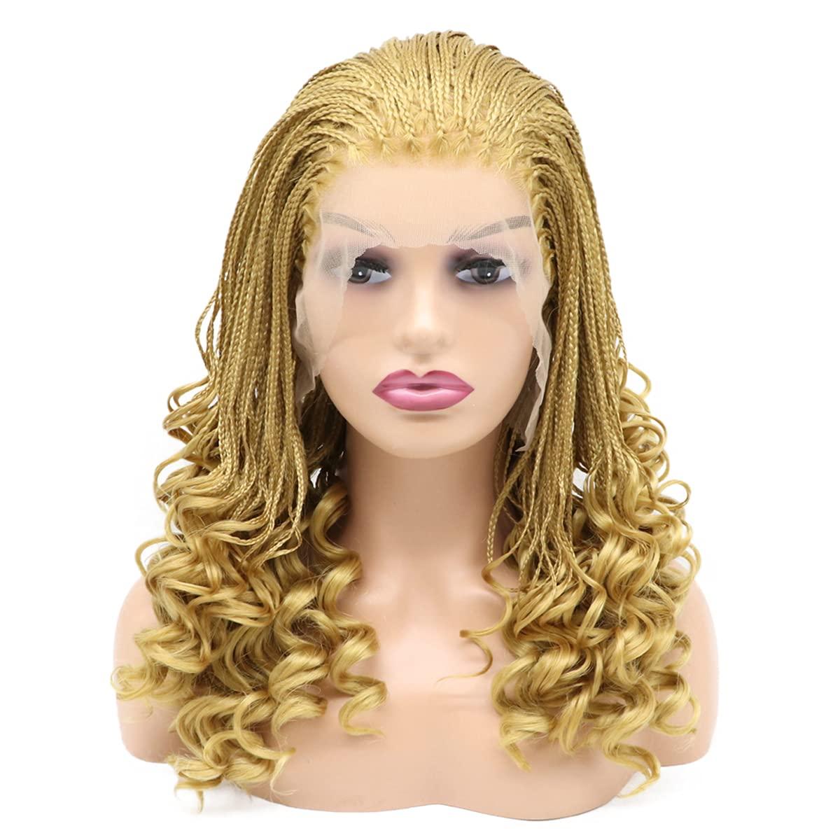 karissa Hair 613 Blonde Braided Wigs for Black Women Short Micro Braids Curly Lace Front Synthetic Wig Pre Plucked Hairline Gold Frontal Handmade Braiding Glueless Heat Friendly Hair Daily Cosplay Party 16Inch