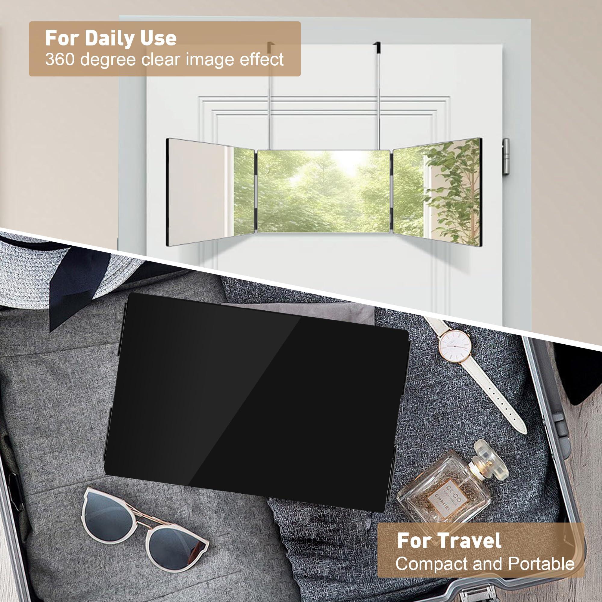 DC DICLASSE 3 Way Haircut Mirror, Three Sided Barber Mirror with Adjustable Telescoping Hooks, 360 Trifold Mirror to See Back of Head for Self Hair Cutting, Makeup, Braiding, Shaver, Hair Dyeing (Black)