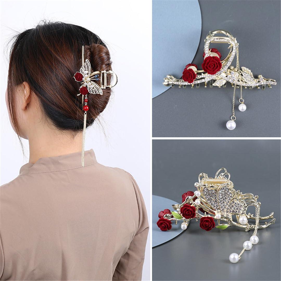 Hcclijo Retro Rose Pearl Grab Clip Tassel Ponytailtail Clip Clip diamond Ladies Hair Accessories Clip