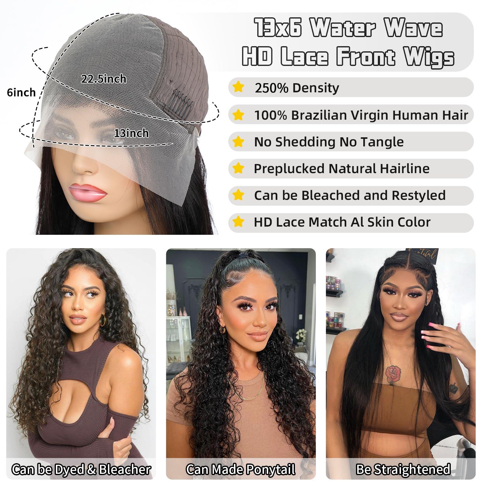 QKOQKO 13x6 Water Wave Lace Front Wigs Human Hair Wigs 10A 30 Inch 250 Density HD Transparent Wet and Wavy Lace Front Wigs Human Hair Glueless Deep Curly Lace Frontal Wigs Human Hair Pre Plucked for Women