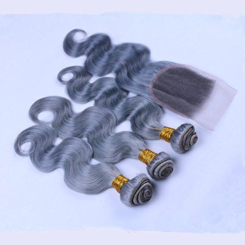 Ruma Hair Ruma Hair Pure Grey Hair Weave 3 Bundles With 4x4'' Lace Closure Silver Grey Body Wave Wavy Virgin Human Hair Extensions With Free Part Top Closures Piece (12 with 14 16 18)