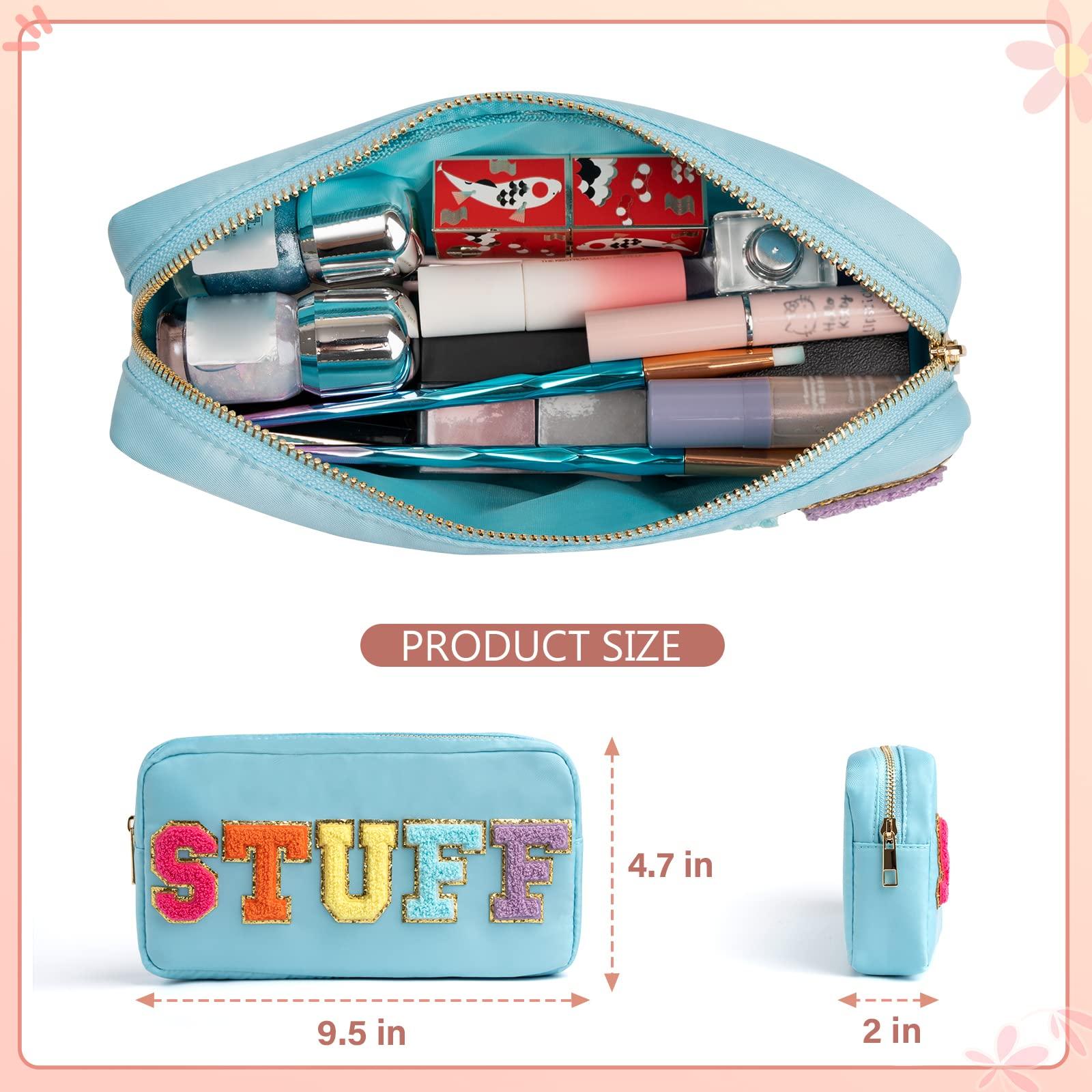 Zoosa Sparkle Chenille Initial Cosmetics Clutch, Nylon Preppy Patch Makeup Bag Small Travel Makeup Zipper Pouch Purse with Handle