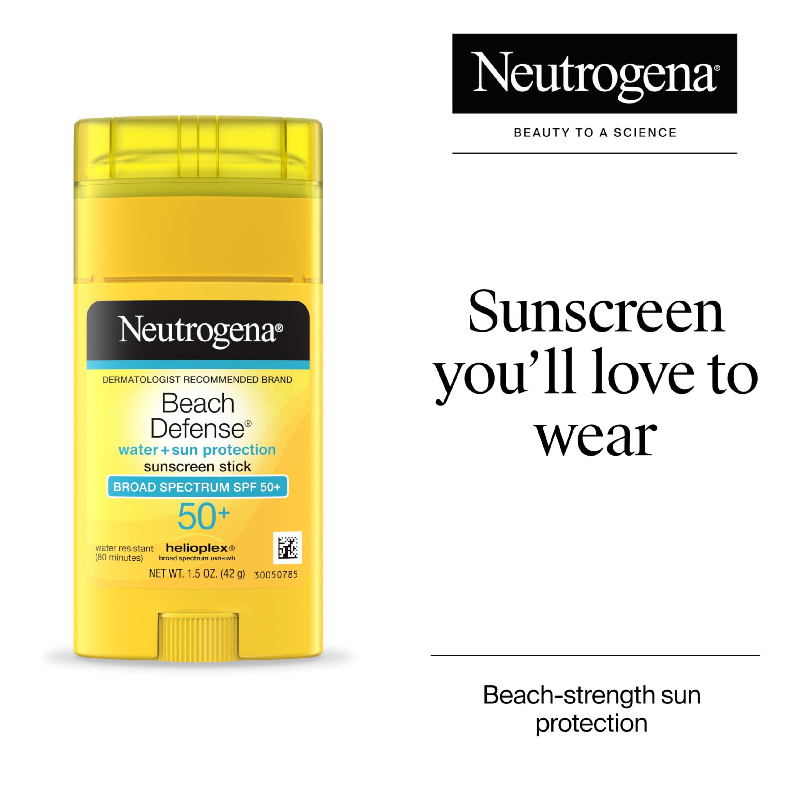 Neutrogena Neutrogena Beach Defense Water-Resistant SPF 50+ Sunscreen Stick, Broad Spectrum UVA/UVB Protection, PABA- & Oxybenzone-Free Face & Body Sunscreen Stick, Hands-Free Application, 1.5 oz
