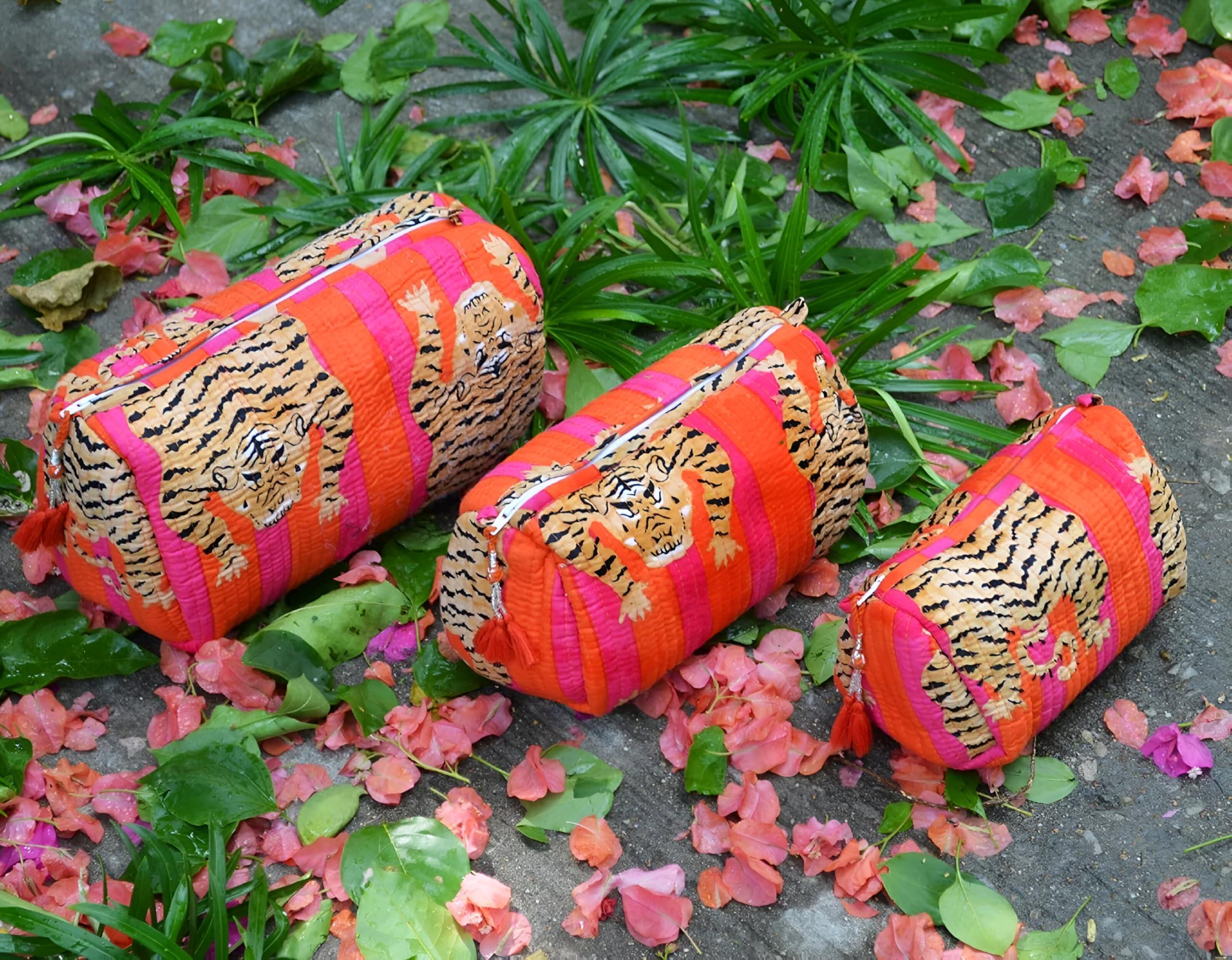 Generic Tiger Print Makeup Bag Set of 3 Pieces Indian Quilted Wash Bag Travel Organizer Kit Storage Bag for Women Makeup Bag Travel Cosmetic Bag
