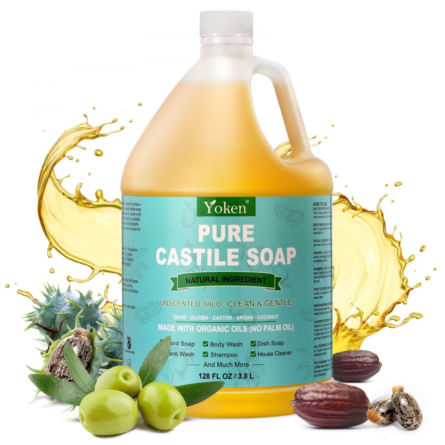 Yoken Yoken Castile Soap Liquid EWG Verified(1 Gallon, Unscented) Pure-Castile Liquid Soap for Body, Face, Hand, Pets, Laundry, Dish Soap and More - Made With Organic Oil, Vegan, Clean & Gentle, Versatile
