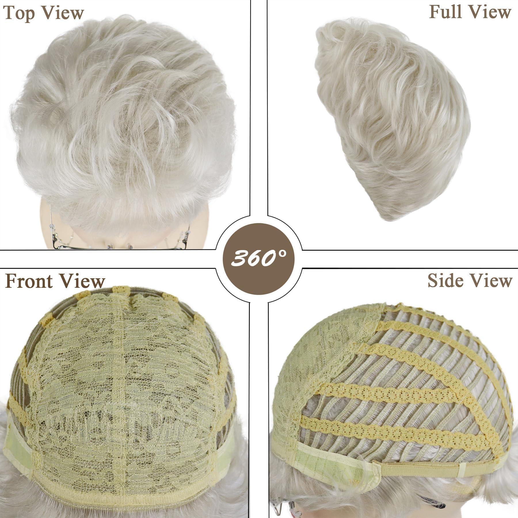 GNIMEGIL GNIMEGIL Platinum Blonde Short Old Lady Wig Set Synthetic Hair Grandma Wig for 100 Days of School Halloween Costume Granny Mommy Outfits White Women Curly Wig with Glasses, Necklace for Older Kids