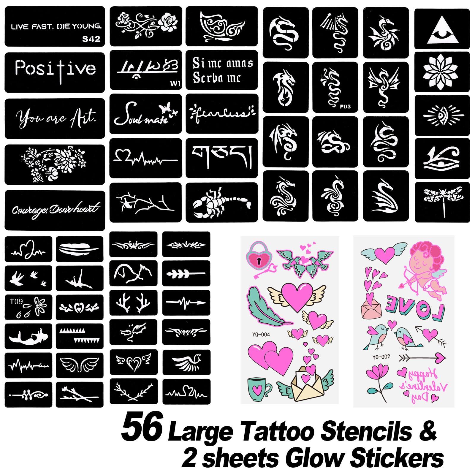 PFARRER PFARRER Temporary Tattoo Markers for Skin, 15 Body Markers + 56 Large Tattoo Stencils & 2 sheets Glow Stickers for Kids and Adults, Dual-End Tattoo Pens with Bold and Fine Lines safty inkZYH2310001KIT