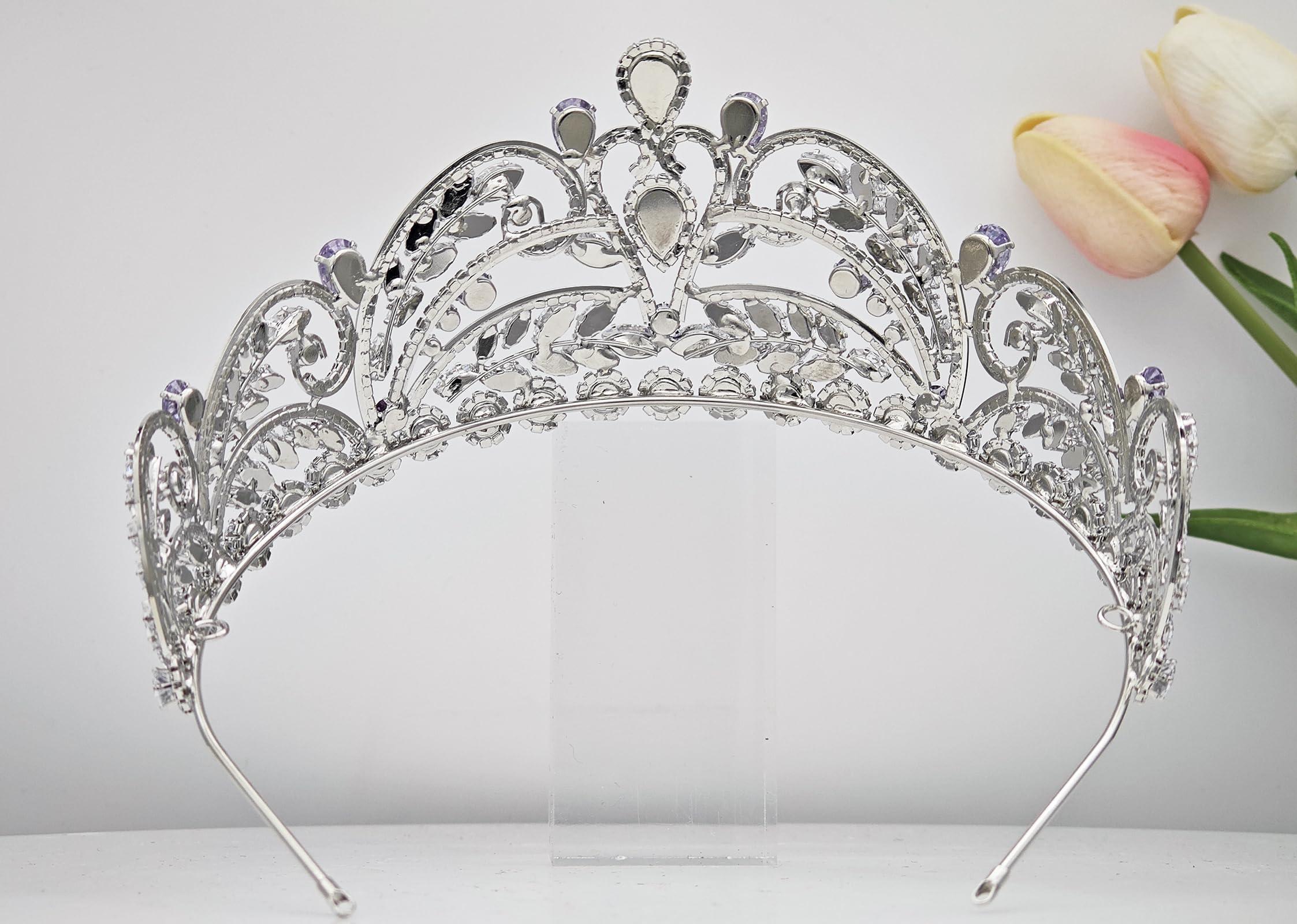 QXMYOO Light Purple Quinceanera Crowns and tiaras lavender Sweet 16 Birthday Crowns for Girls Cubic Zirconia CZ Wedding Headpiece Silver Hair Accessories